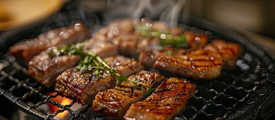 Poster - Japanese-style barbecue pork slice grilled on a stove with hot charcoal, shown in a copy space image.