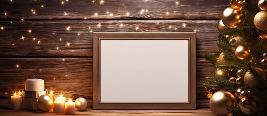 Aufkleber - Empty wooden picture frame mockup for Christmas background with decorations and copy space image available for text to convey winter holiday celebration concept.