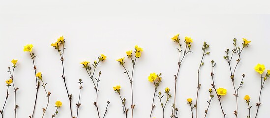 Poster - Replicas of plants and yellow flowers on sticks with copy space image on white background.