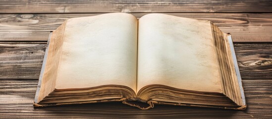 Fototapete - There is a top-down view of an open book on the desk with blank sheets, suitable for a copy space image.