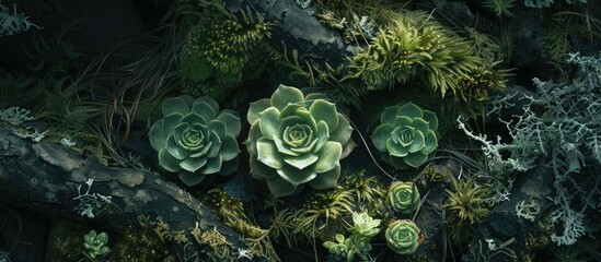 Aufkleber - A trio of petite succulent plants is nestled in a forest setting, encircled by lush lichens, creating an enchanting scene with a copy space image.