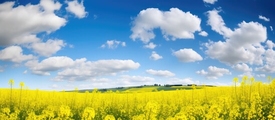 Sticker - Lively spring and summer scene: vibrant yellow rapeseed field under a blue sky filled with clouds in Europe, perfect as a wallpaper with space for text or images.