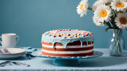 a photography with light blue background; in the center a cake on a table with a blue tablecloth