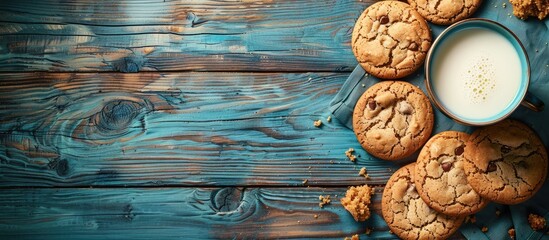 Poster - Colorful wooden background with delicious cookies and a glass of milk, perfect for a copy space image.