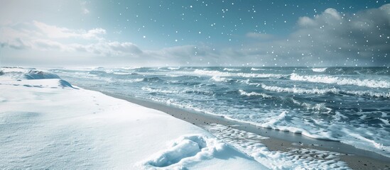 Wall Mural - Snow by the sea, a serene winter scene with copy space image.