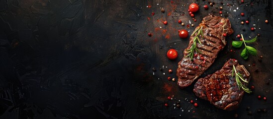 Poster - Top view of cooking a steak on a dark background with copy space image.