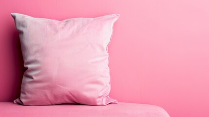  A pink pillow atop a pink couch against a pink backdrop of two interchanging walls