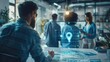 © Sweettymojidesign - Realistic photo of a business team analyzing a map pin location with hologram enhancements in a modern office, featuring dynamic lighting, for a business planning banner