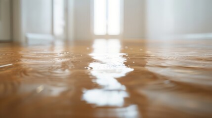 Wall Mural -  A tight shot of a wooden floor, adorned with water droplets A door is visible in the background