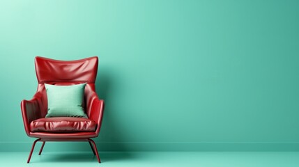 Wall Mural -  A red chair with a pillow; pillowed seat facing a green wall Green pillow atop the wall behind