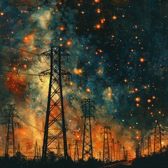 Wall Mural - Electricity transmission towers with orange glowing wire