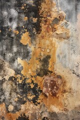 Aufkleber - Old weathered concrete wall with peeling paint texture. Close-up view of gray and brown colors with orange and yellow patches. Perfect background for design, art, or architecture projects.