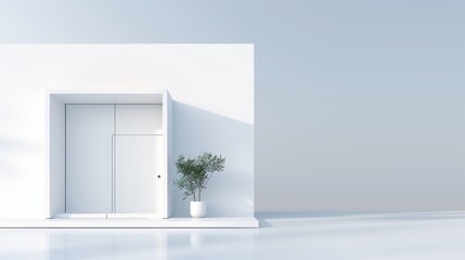 A minimalist urban house blueprint with a 3D model, against a light pastel gray backdrop, flat design illustration, high-resolution photo, realistic photo, cinematography