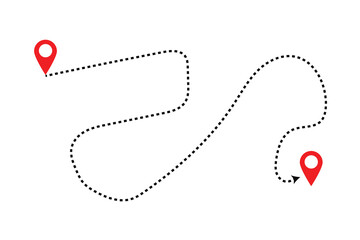 Poster - Route icon between two points. Location pins. Dotted path and location pin. GPS navigation line route mark. Map road.
