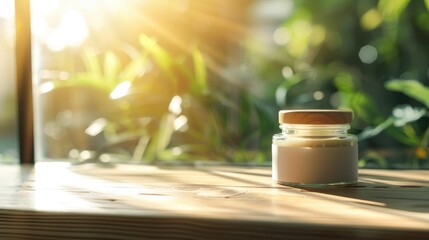 Canvas Print - Body care product jar on table with blurred background Text space