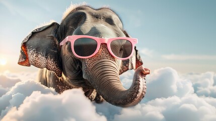 Canvas Print -   An elephant wearing pink sunglasses floating in a cloudy sky against a backdrop of the sun