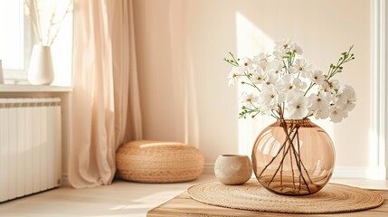 Wall Mural - White Flowers in a Brown Glass Vase on a Wooden Table with a Woven Placemat and a Wicker Stool