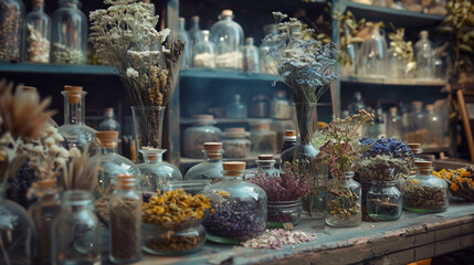 Natural dried plants herbs, spices, flowers ingredients in vintage inspired pharmacy. Organic alternative medicine concept