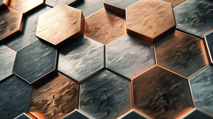 Wall Mural - A pattern of hexagonal metal tiles in brushed nickel and copper, arranged in a modern geometric design