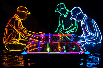 Glowing neon backgammon players isolated on black background.