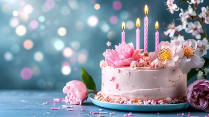   A close-up photo shows a delicious cake with candles and beautiful flowers on a table adorned with colorful confetti sprinkles