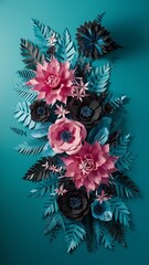 Wall Mural - Flower and leaves made of paper on a turquoise background handwork favorite hobby pink black and blue color