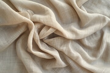 Aufkleber - Natural linen fabric texture close-up. Soft beige hue folds reveal intricate patterns and depth. Smooth surface, blurred background highlights fabric main subject.
