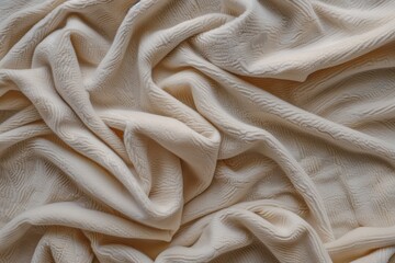 Aufkleber - Close-up view of soft beige fabric with subtle sheen. Wrinkled texture adds depth to scene. Focus on intricate details. Fabric used in interior design, textile industry, or as decorative element.