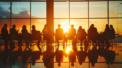 Poster - Office team meeting, silhouettes of company employees and coworkers sitting around the table and discussing business topics, corporation colleagues talking about success in economy in the future