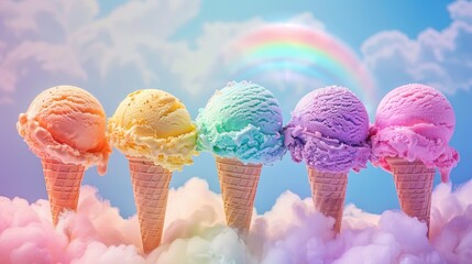 Sticker - Ice cream scoops clouds rainbows. Generative AI