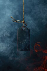 Aufkleber - A rope tag hangs from a rope with smoke in the background, suitable for use in outdoor or adventure-themed projects