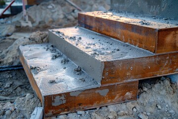 Poster - A pile of concrete blocks resting on a pile of dirt, suitable for use in architectural or construction photography