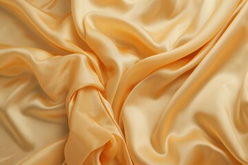 Aufkleber - Golden fabric texture close-up. Polyester material with smooth surface folds revealing intricate patterns and colors transitioning from orange to light. Blurred background highlights fabric details.