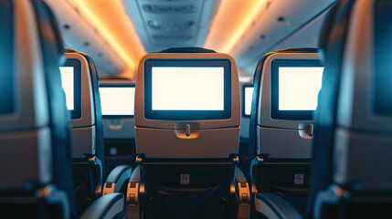 Poster - Airplane seats with blank LCD screen mockup device for entertainment to serve passenger on a plane trip