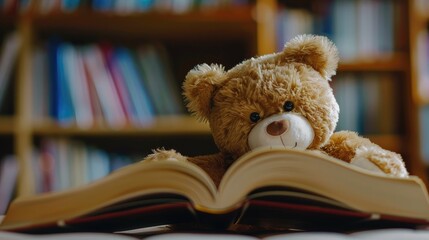 teddy bear studying with book reading books for children