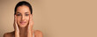 © Prostock-studio - Attractive half-naked young brunette woman touching her face, enjoying silky smooth skin after spa treatment, beige background, copy space