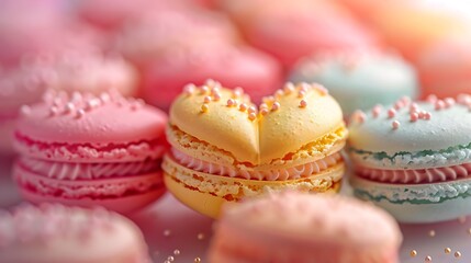 A close-up of tropical paradise macarons, with bright colors of pineapple yellow, flamingo pink, and palm green, arranged in a heart shape. The background is a soft-focus, pastel-colored gradient,