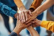 © SKIMP Art - Close up of hands stacked together in the office, a diverse business team putting their arms on top for unity and support Generative AI