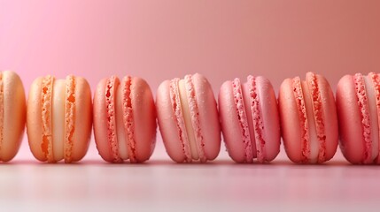Wall Mural - A side view of ombre effect macarons lined up in a row, showcasing the bright gradients from light coral to deep salmon. The background is a gradient of soft pastel colors,