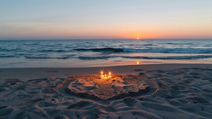 Poster - A beach scene with a sand sculpture of a heart and three candles lit on it. The scene is peaceful and romantic