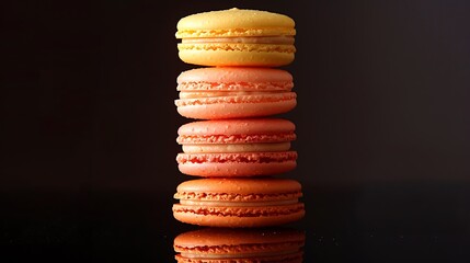 Wall Mural - A stack of ombre effect macarons on a reflective black surface, with vivid gradients from light orange to deep tangerine. Dramatic,