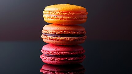 Wall Mural - A stack of ombre effect macarons on a reflective black surface, with vivid gradients from light orange to deep tangerine. Dramatic,