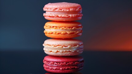 Wall Mural - A stack of ombre effect macarons on a reflective black surface, with vivid gradients from light orange to deep tangerine. Dramatic,