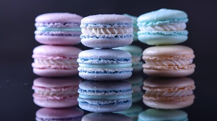 Wall Mural - A stack of pastel dream macarons on a reflective black surface, with vivid soft hues of mint green, baby blue, lavender, and pale pink. Dramatic,