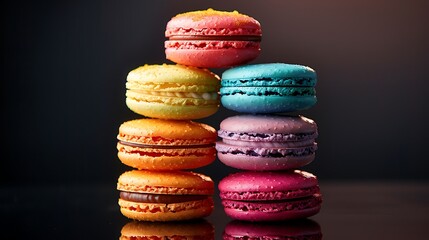 Wall Mural - A stack of rainbow macarons on a reflective black surface, with vivid layers of red, orange, yellow, green, blue, and purple. Dramatic,