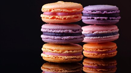 Wall Mural - A stack of sunset glow macarons on a reflective black surface, with vivid warm hues of orange, pink, and purple. Dramatic,