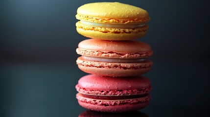 Wall Mural - A stack of tropical paradise macarons on a reflective black surface, with vivid bright colors of pineapple yellow, flamingo pink, and palm green. Dramatic,