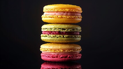 Wall Mural - A stack of tropical paradise macarons on a reflective black surface, with vivid bright colors of pineapple yellow, flamingo pink, and palm green. Dramatic,