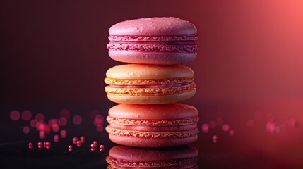 Wall Mural - A stack of tropical sunset macarons on a reflective black surface, with vivid gradients of coral, pink, and orange. Dramatic,