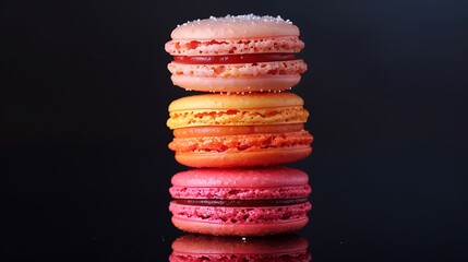 Wall Mural - A stack of tropical sunset macarons on a reflective black surface, with vivid gradients of coral, pink, and orange. Dramatic,